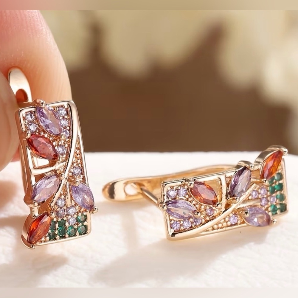 Gold Earrings with Purple and Red Accents. - Picture 3 of 4
